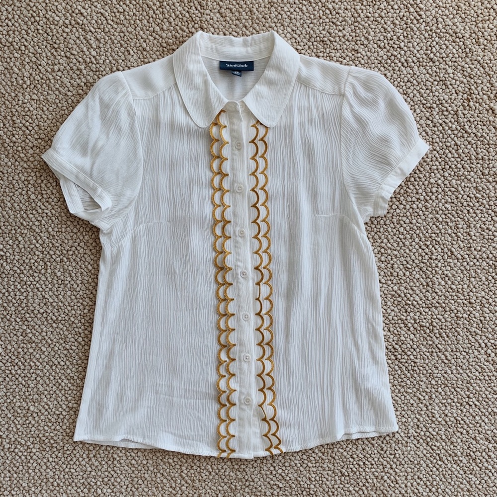 Modcloth White Embroidered Prairie Blouse, Size XS